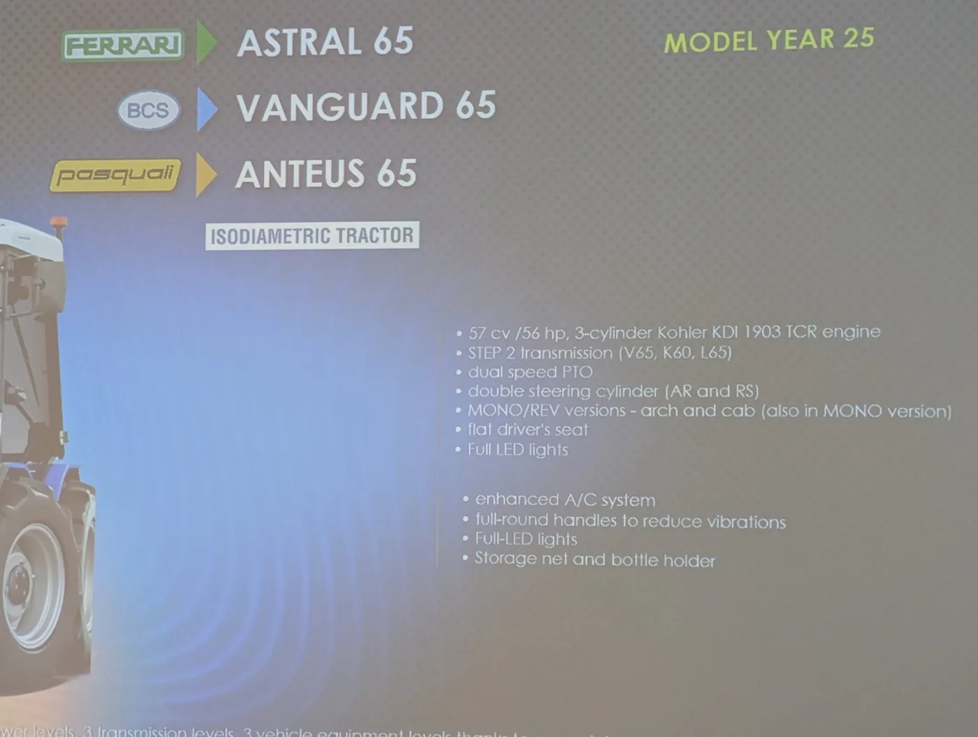 Oktatási dia a Ferrari Astral 65, BCS Vanguard 65 és Pasquali Anteus 65 modellekről